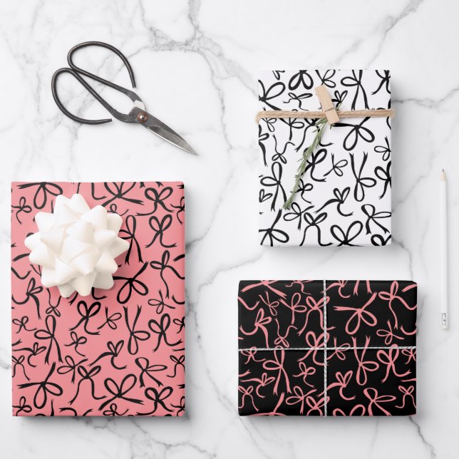 Whimsisch Niedlich Pink Black Bows Muster Girly Gi Geschenkpapier Set (Vorderseite)