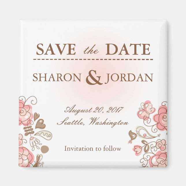 Whimsisch rosa Blume und Vögel Save the Date Magnet (Vorne)