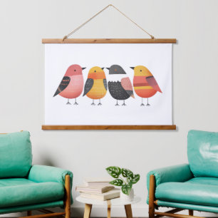 Whimsische abstrakte bunte Vögel Aquarell-Kunst Wandteppich Mit Holzrahmen