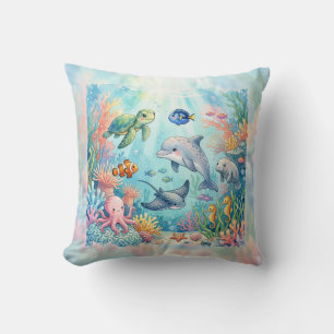 Whimsische Aquarell-Ozeantiere unter dem Meer Kissen