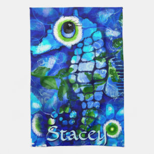 Whimsische Big-Eyes-Seepferd-Kunst Blau Personalis Geschirrtuch