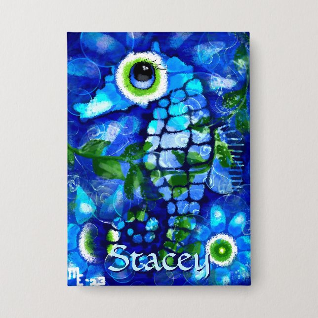 Whimsische Big-Eyes-Seepferd-Kunst Blaue Personali Button (Vorderseite)