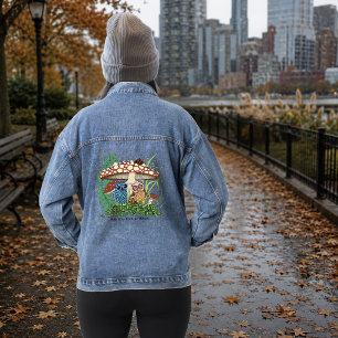 Whimsische Eulenfamilie Regnerischer Wald Pilz Bla Jeansjacke
