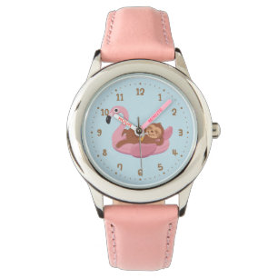 Whimsische Faulheit auf rosa Flamingo-Schwimmfloat Armbanduhr