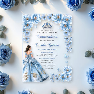 Whimsische Florale Staubblaue Tiara Quinceañera Acryleinladungen