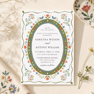 Whimsische Folk Florale Vögel Hochzeitseinladung Einladung