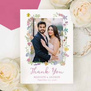 Whimsische Garten-Wildblumen-Foto-Hochzeit Dankeskarte