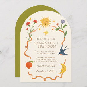 Whimsische handgemalte himmlische Volks-Hochzeit Einladung