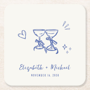 Whimsische handgezeichnete blaue Creme-Hochzeit Rechteckiger Pappuntersetzer