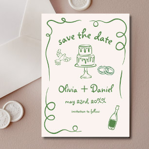 Whimsische handgezeichnete Hochzeit eigenwillig gr Save The Date