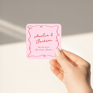 Whimsische handgezeichnete Hochzeit in Rosa und Ro Quadratischer Aufkleber