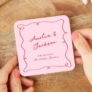 Whimsische handgezeichnete Hochzeit in Rosa und Ro Rechteckiger Pappuntersetzer