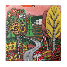 Whimsische Herbstlandschaft-Folk-Art-Doodle-Kerami