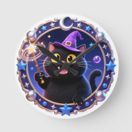 Whimsische Hexenkatze Magisches Porträt Kunstprint Runde Wanduhr
