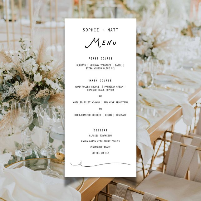 Whimsische Kalligrafie Minimalistische Hochzeitska Menükarte (Whimsical Calligraphy Minimalist Wedding Menu)
