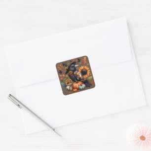 Whimsische Krähe mit Kürbissen und Sonnenblumen Quadratischer Aufkleber