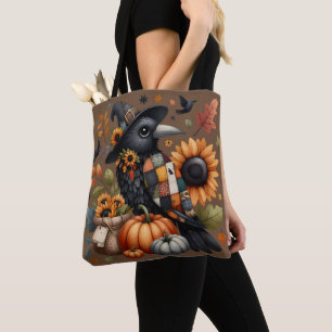 Whimsische Krähe mit Kürbissen und Sonnenblumen Tasche