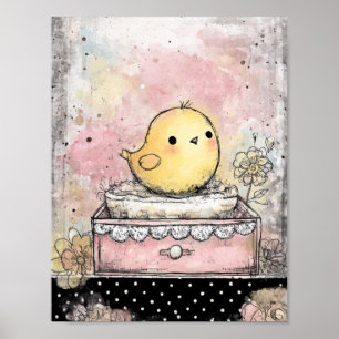 Whimsische Küken-Blumen-Aquarell-Kunst Poster