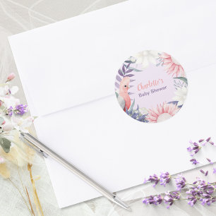 Whimsische Lavendel-Blumen-Vogel-Baby-Party Runder Aufkleber