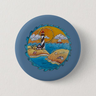 Whimsische Leuchtturm-Strandszene - Küsten-Folk-Ar Button