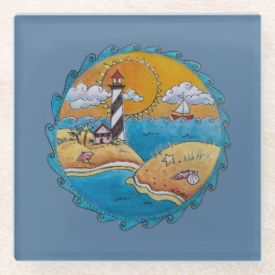 Whimsische Leuchtturm-Strandszene - Küsten-Folk-Ar Glasuntersetzer