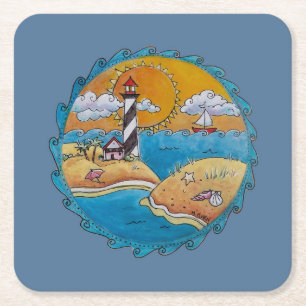 Whimsische Leuchtturm-Strandszene - Küsten-Folk-Ar Rechteckiger Pappuntersetzer