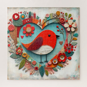 Whimsische Mixed-Media Red Robin Bird Heart