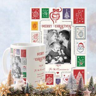 Whimsische Retro-Briefmarken-Weihnachtsillustratio Kaffeetasse