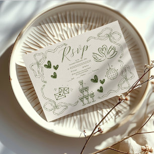 Whimsische Retro-Doodle-Kunst-Hochzeit RSVP Karte