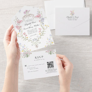Whimsische Rococo-Blumen-Wappen-Hochzeits-QR-Code- All In One Einladung