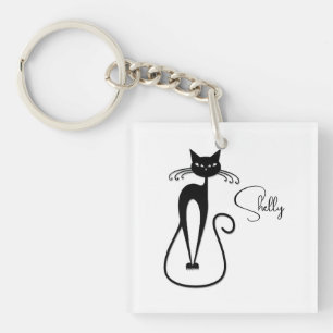 Whimsische schlanke schwarze Katze persönlich Schlüsselanhänger