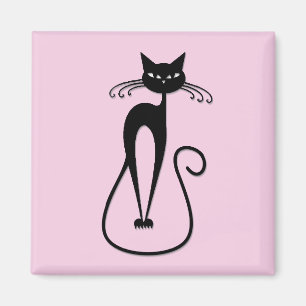 Whimsische schlanke schwarze Katze Rosa Magnet