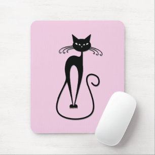 Whimsische schlanke schwarze Katze Rosa Mousepad