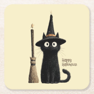 Whimsische schwarze Katze Frohes Halloween Rechteckiger Pappuntersetzer