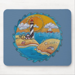 Whimsische Strandszene mit Leuchtturm, Küsten-Folk Mousepad