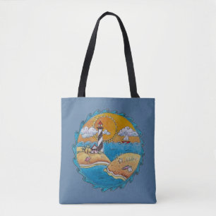Whimsische Strandszene mit Leuchtturm, Küsten-Folk Tasche