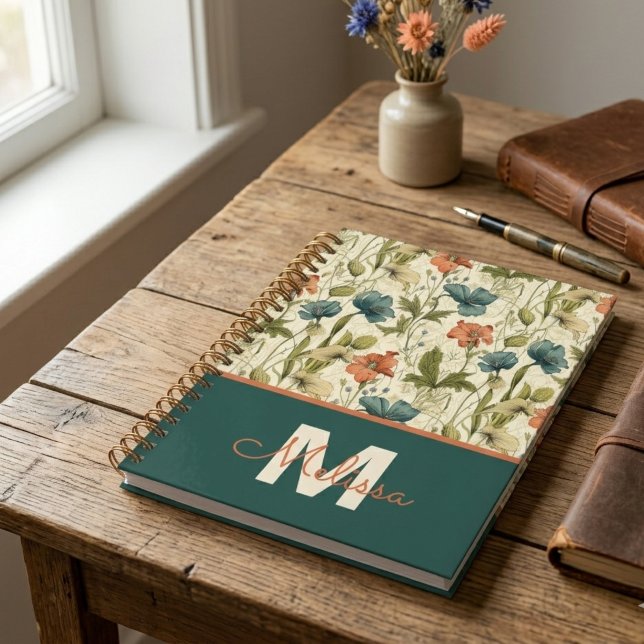 Whimsische Teal-Terrakotta-Vintage-Freundin Planer (Vintage teal and orange wildflower pattern notebook — a perfect graduation gift for her or teacher.)