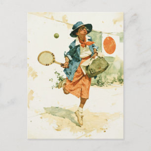 Whimsische Vintage-Tennis-Lady Postkarte