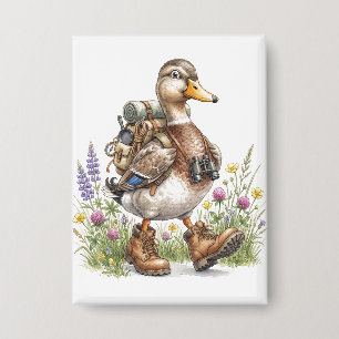 Whimsische Wandervogel-Illustration mit Rucksack Button