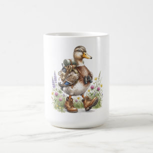 Whimsische Wandervogel-Illustration mit Rucksack  Kaffeetasse