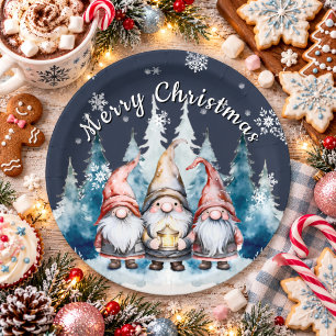 Whimsische Weihnachts-Gnom-Familienparty   Blau Pappteller