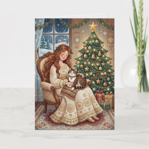Whimsische Weihnachtskatze & Winter-Mädchen-Kunstk Karte