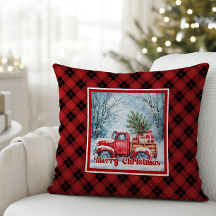Whimsische Weihnachtsszene mit rotem LKW, rustikal Kissen