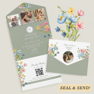 Whimsische Wildblumenhochzeit in Salbeigrün All In One Einladung