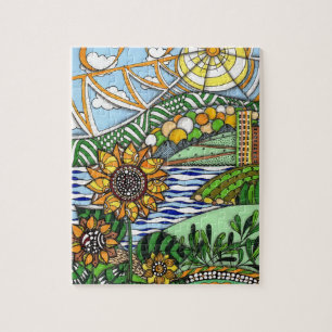 Whimsische Zentangle-Sonnenblumen und Stadtlandsch