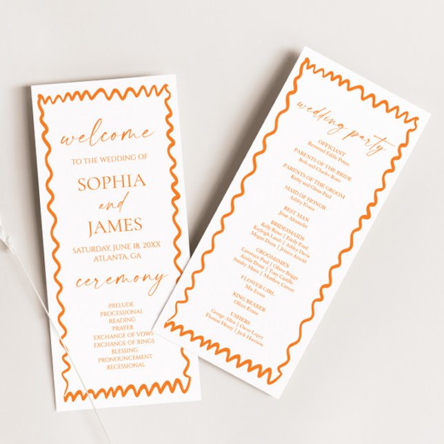 Whimsische Zitrus-Orange-Wellige-Rand-Hochzeit Programm (Von Creator hochgeladen)