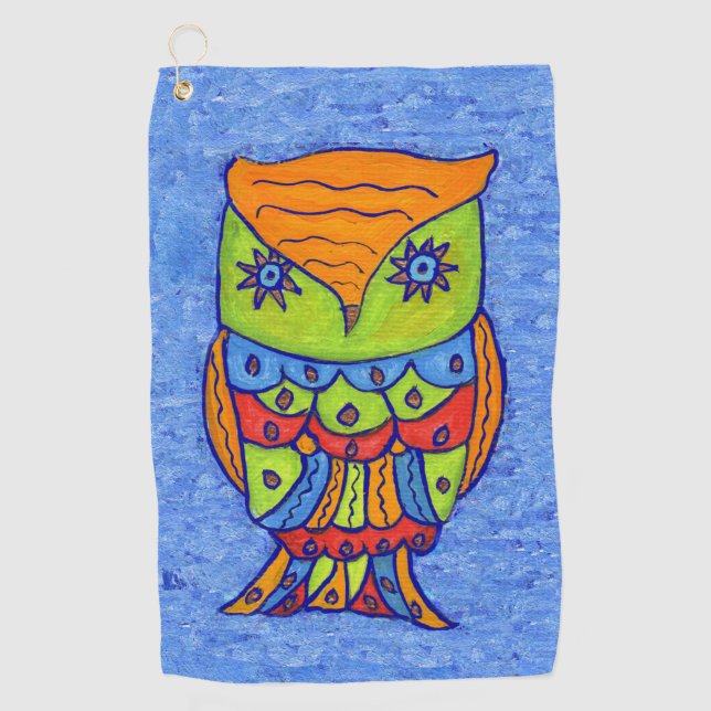 Whimsischer Abstrakt Owl Green Face Star Eyes Blue Golfhandtuch (Vorderseite)