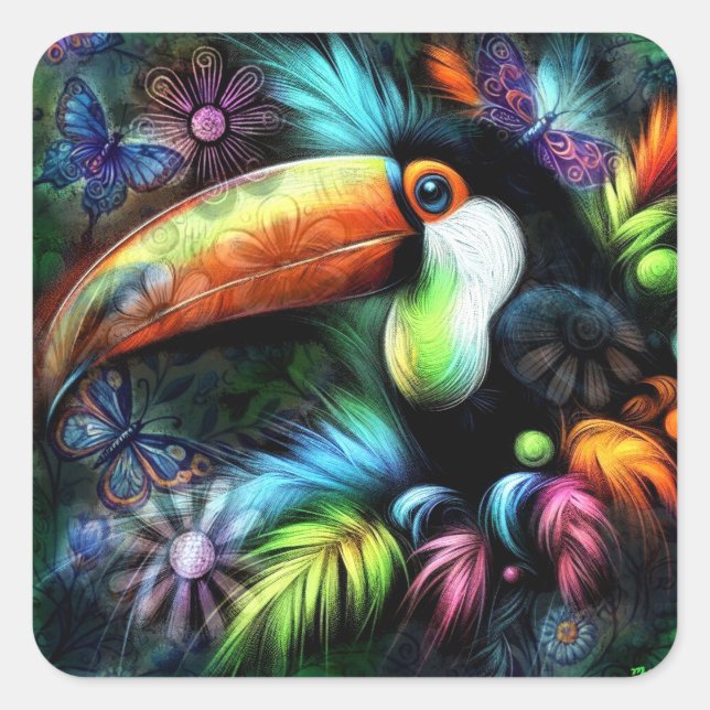 Whimsischer Abstrakt Toucan Bird Toucans Aquamarin Quadratischer Aufkleber (Vorderseite)