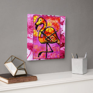 Whimsischer abstrakter Flamingo-Vogel personalisie Quadratische Wanduhr