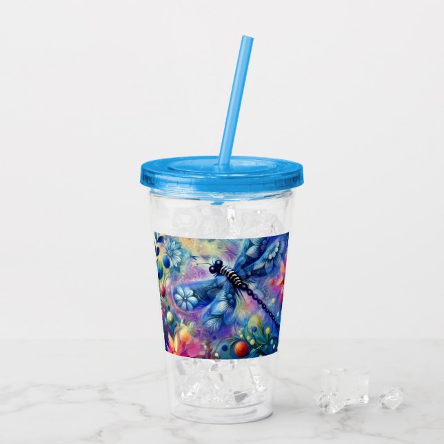 Whimsischer Abstrakter Libellenfliege Aquamarin Bl Acryltrinkbecher (Rückseite Ice)